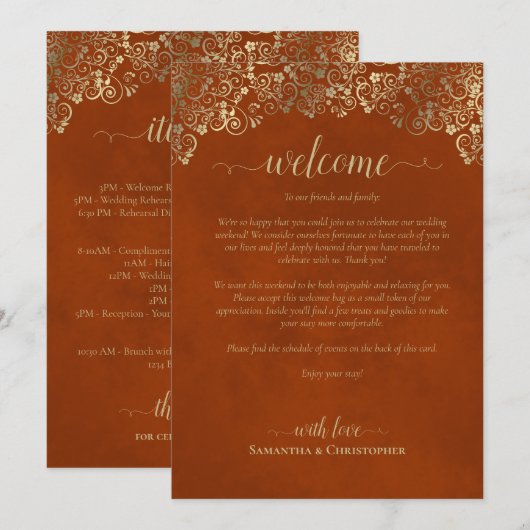 Programme Mariage Orange Rouille et Or : Bienvenue et Progra (Devant / Derrière)