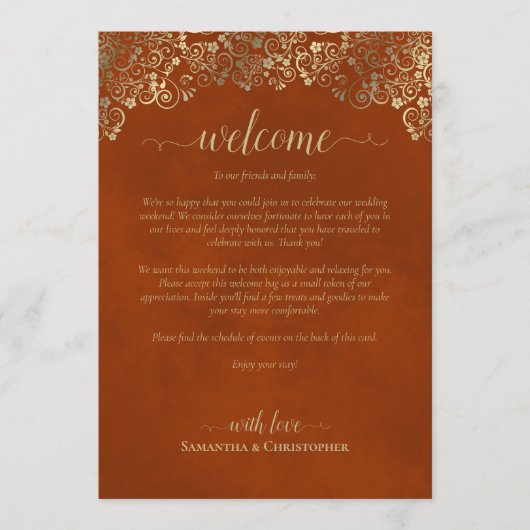 Programme Mariage Orange Rouille & Or Bienvenue & Itinéraire (Devant)
