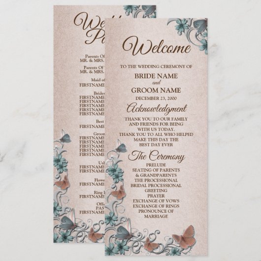 Programme Mariage Papillon Cuivre Floral Argent Sarcelle Tan (Devant / Derrière)