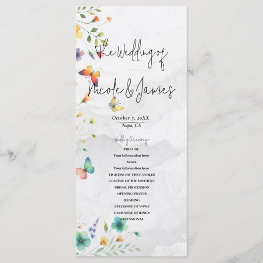 Programme Mariage papillon floral aquarelle coloré (Devant)