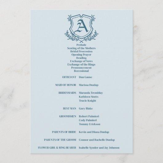 Programme Mariage Pastel Blue Leaf et Floral Monogram (Devant)