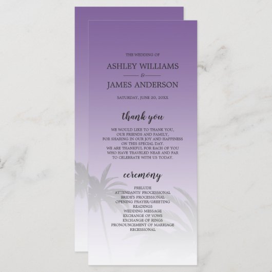Programme Mariage Plage de Palm Tree Tropical Violet (Devant / Derrière)
