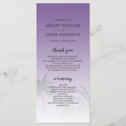 Programme Mariage Plage de Palm Tree Tropical Violet (Devant)