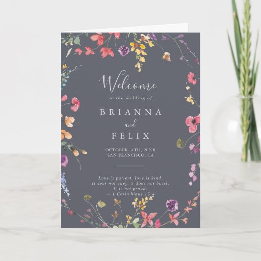 Programme Mariage plat bleu classique à fleurs sauvages (Devant)