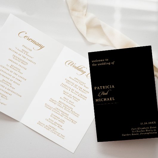 Programme Mariage plié calligraphié noir et or Classique