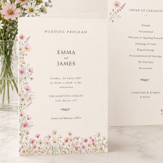 Programme Mariage plié de fleurs sauvages fantaisistes bohèm