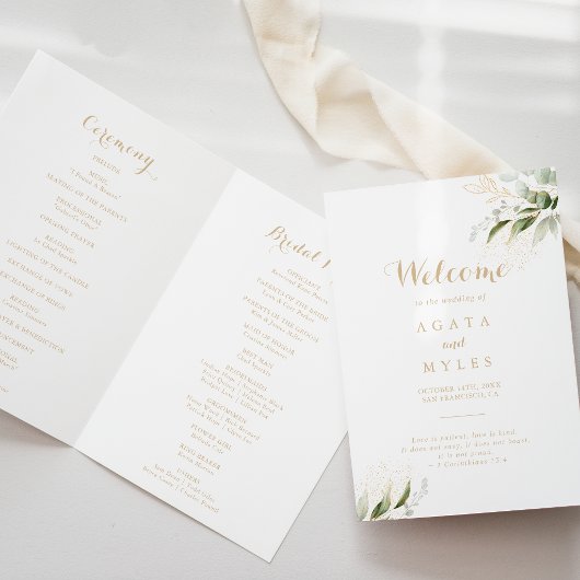 Programme Mariage plié de verdure sauge eucalyptus or