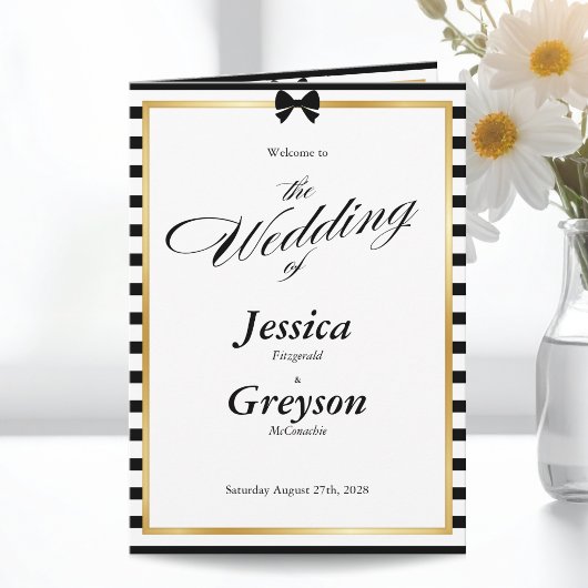 Programme Mariage Plié Rayure Noir Blanc Cadre Or