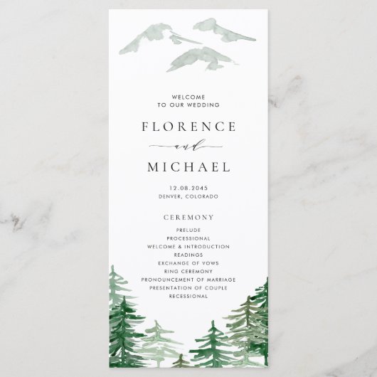 Programme Mariage romantique aquarelle en forêt (Devant)