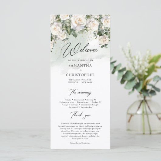 Programme Mariage romantique boho blanc roses et verdure (Debout devant)