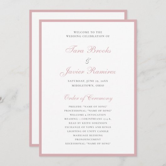 Programme Mariage Rose élégant rose pâle (Devant / Derrière)