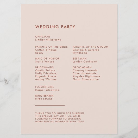 Programme Mariage rose pêche rétro élégant (Dos)