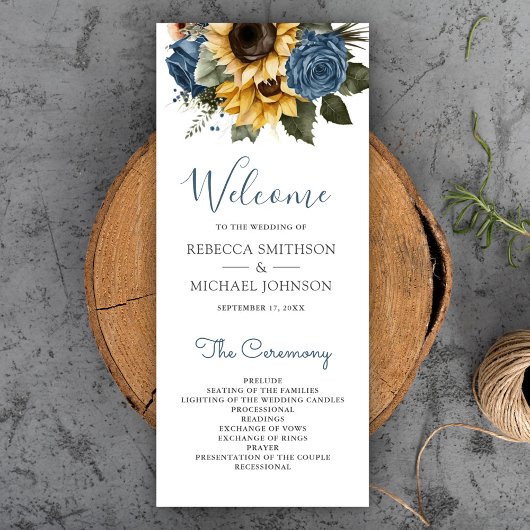 Programme Mariage Roses Fleurs de Tournesol Bleu Poussiéreux