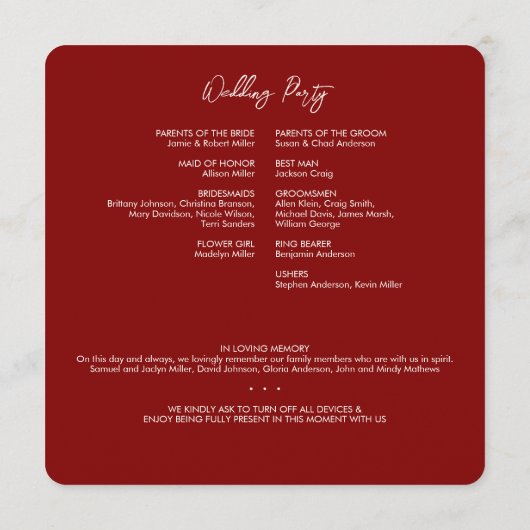 Programme Mariage rouge rubis floral minimal (Dos)