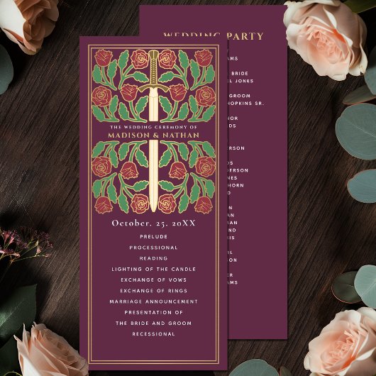 Programme Mariage Royal Épée Florale Médiévale Mauve Or