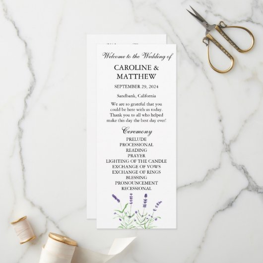 Programme Mariage rustique aquarelle floral violet lavande  (Devant/Arrière en situation)