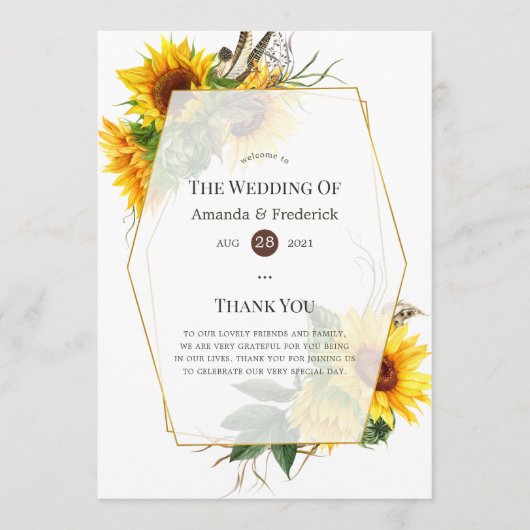 Programme Mariage rustique au tournesol aquarelle (Devant)