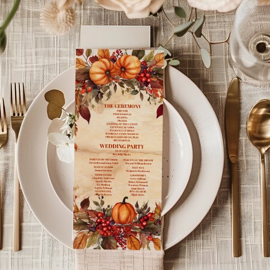 Programme Mariage rustique de citrouille florale d'automne