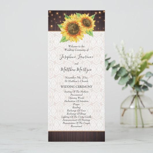 Programme Mariage rustique de dentelle de tournesol (Debout devant)