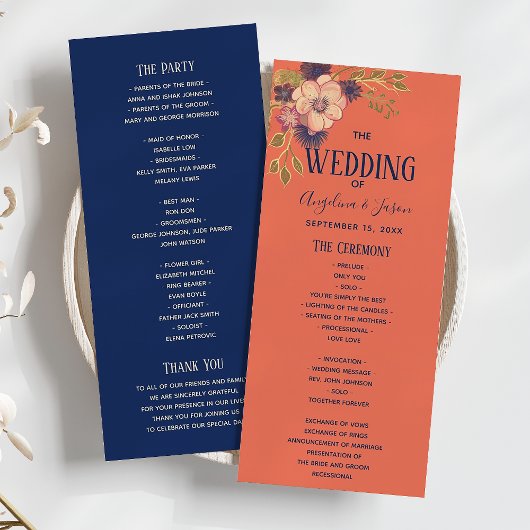 Programme Mariage rustique floral pêche et bleu marine