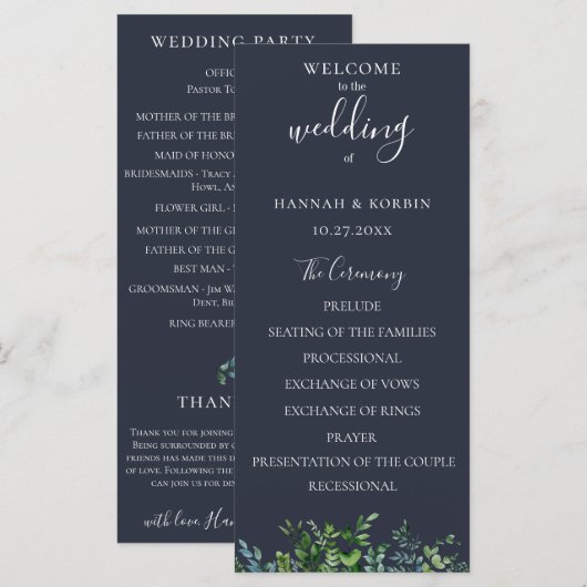 Programme Mariage Rustique Forêt Feuillage Bleu Nuit (Devant / Derrière)