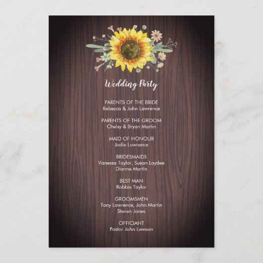 Programme Mariage rustique Tournesol Bois Lumière (Dos)