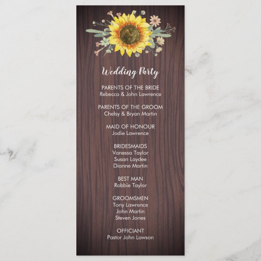 Programme Mariage rustique Tournesol Bois Lumière (Dos)