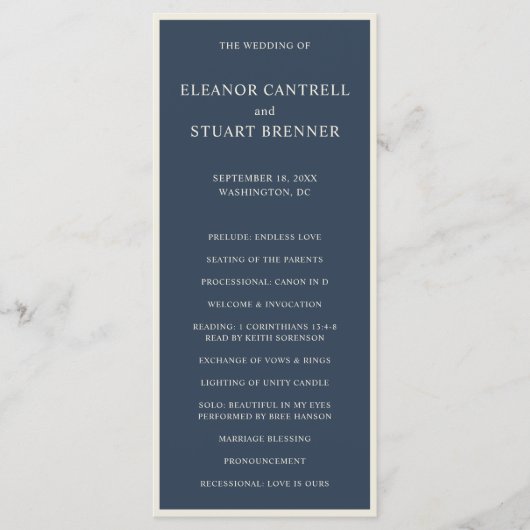 Programme Mariage Simple avec Bordure Bleu Marine et Ivoire (Devant)