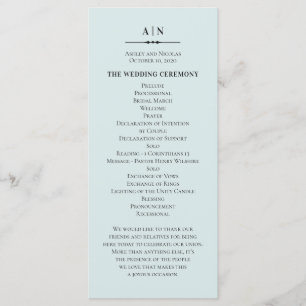 Programme Mariage simple bleu. Typographie classique élégant