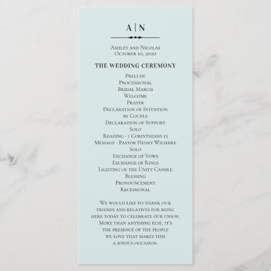 Programme Mariage simple bleu. Typographie classique élégant (Devant)