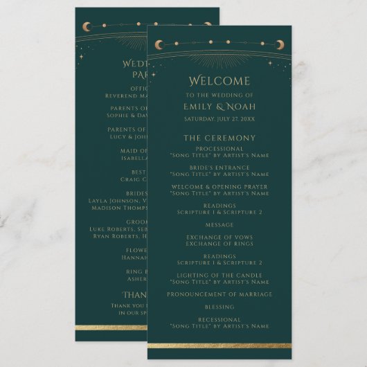 Programme Mariage Soleil Lune Étoiles Or Vert Deep Green (Devant / Derrière)