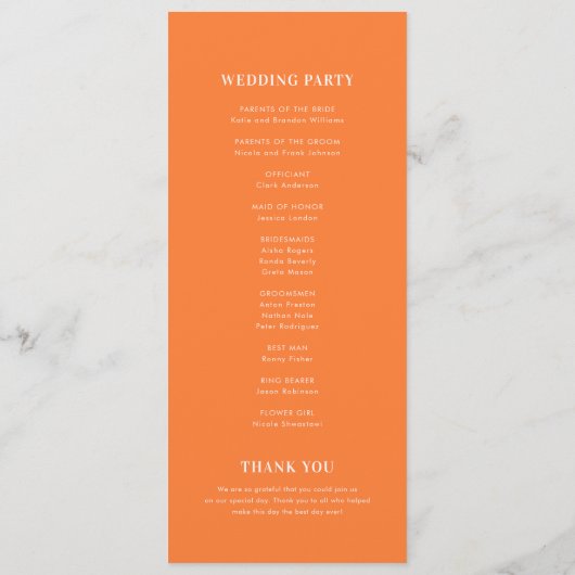 Programme Mariage stylé de typographie rose et orange (Dos)