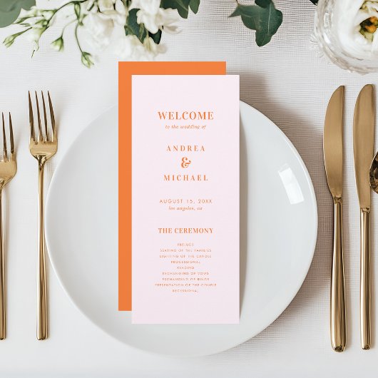 Programme Mariage stylé de typographie rose et orange