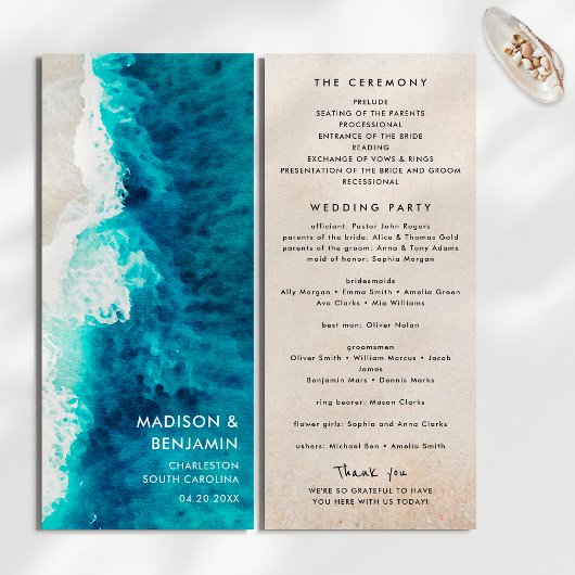 Programme Mariage sur le sable de la plage océan bleu rétro