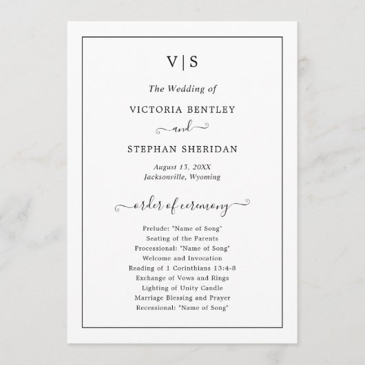 Programme Mariage traditionnel avec monogramme noir et blanc (Devant)