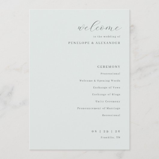 Programme Mariage Typographique à la Menthe Sophistiqué (Devant)