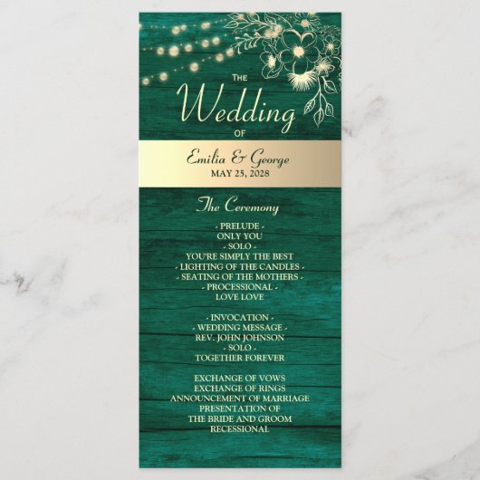 Programme Mariage Vert Émeraude Rustique (Devant)