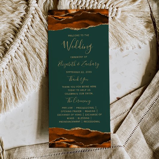 Programme Mariage Vert Foncé Agate Or Brûlé Orange