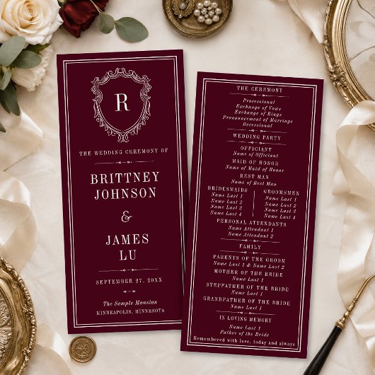 Programme Mariage Vintage Blason Monogramme Bordeaux & Ivoir