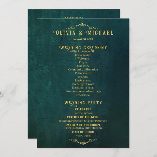 Programme Mariage vintage vert foncé (Devant / Derrière)