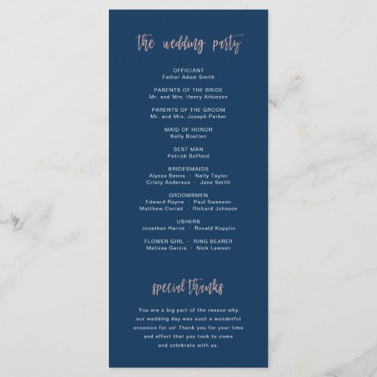 Programme Marine Blue Et Rose Gold Glam Chic Wedding Program (Dos)
