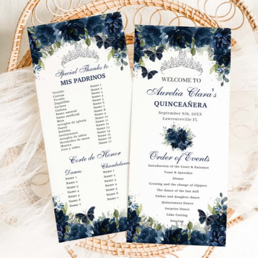 Programme Marine Blue Floral Argent Quinceañera Ordre de l'é