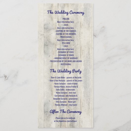 Programme Marine Nautique Rustique Driftwood Beach Mariage (Dos)