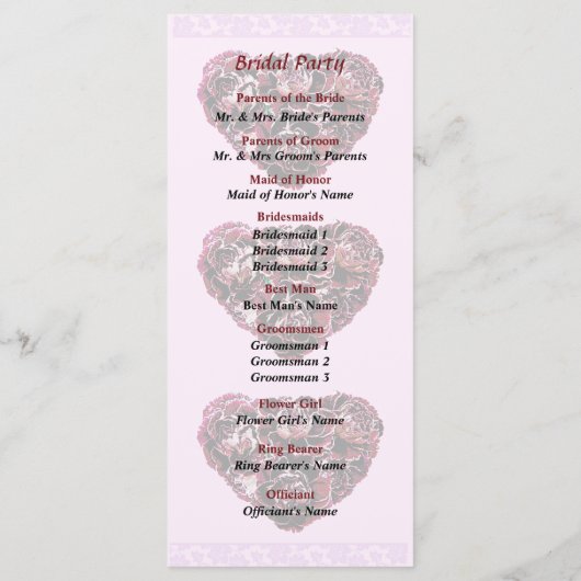 Programme Maroon Carnation Heart Pink Bkgrnd Wedding Program (Dos)