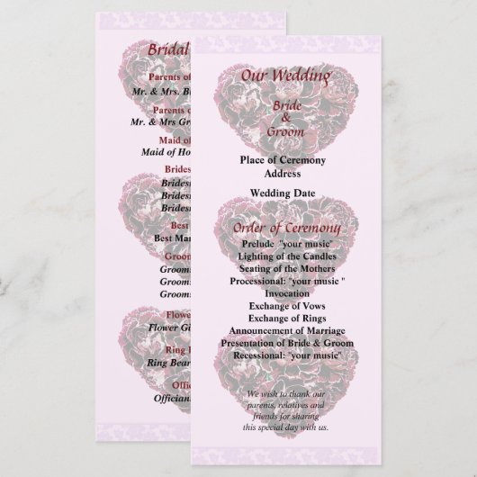 Programme Maroon Carnation Heart Pink Bkgrnd Wedding Program (Devant / Derrière)