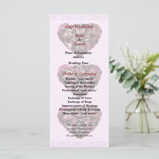 Programme Maroon Carnation Heart Pink Bkgrnd Wedding Program (Debout devant)