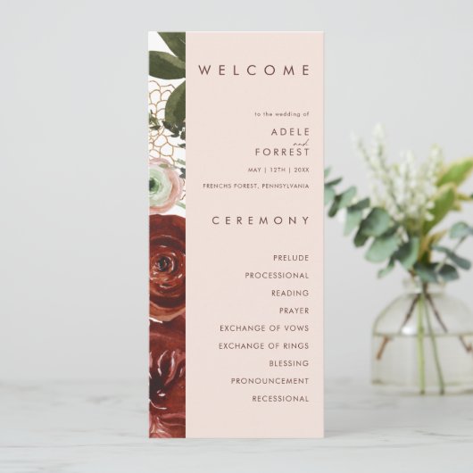 Programme Marsala Autumn Floral | Blush Wedding Program (Debout devant)