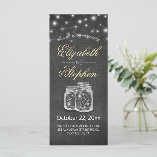 Programme Mason Jar String Lights Chalkboard Wedding Program (Debout devant)