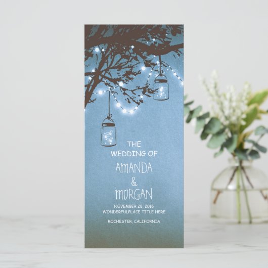 Programme Mason Jar String Lights Tree Blue Wedding Programm (Debout devant)