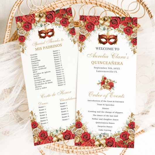 Programme Masque de bal de masquerade floral or rouge Quince